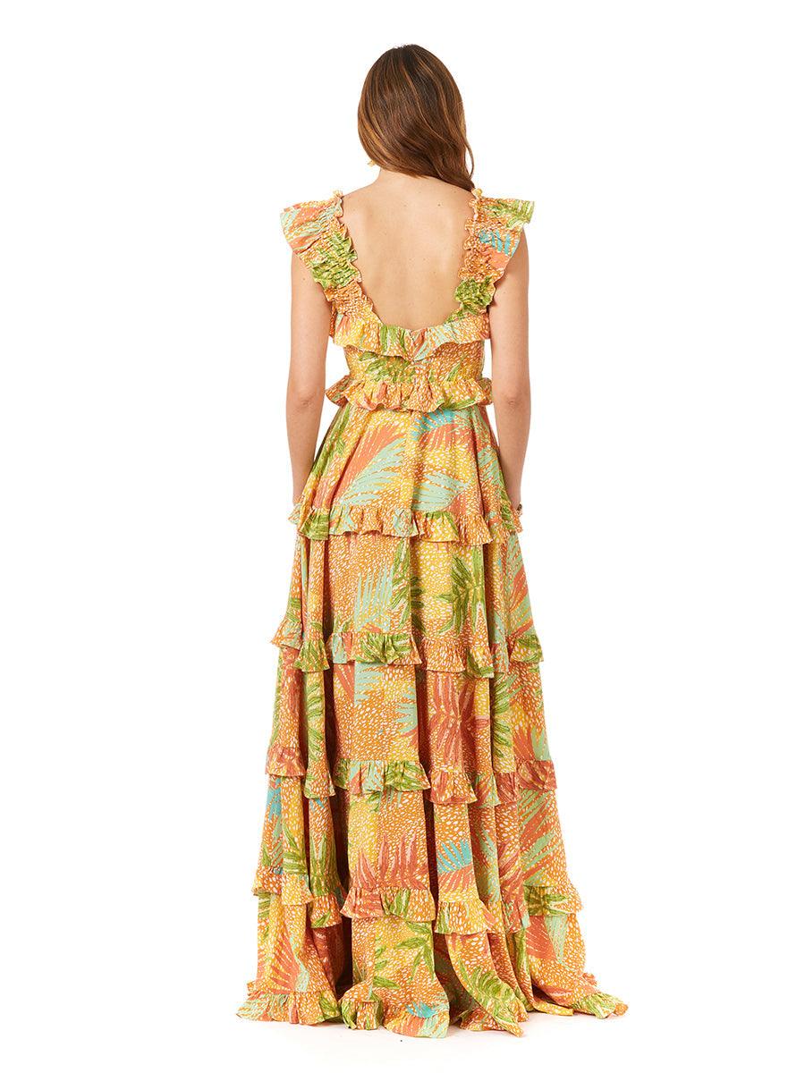 Formal Dresses Long Ruflled Printed Formal Dress Yellow