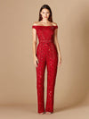 Prom Dresses Off Shoulder Beaded Jumpsuit Red