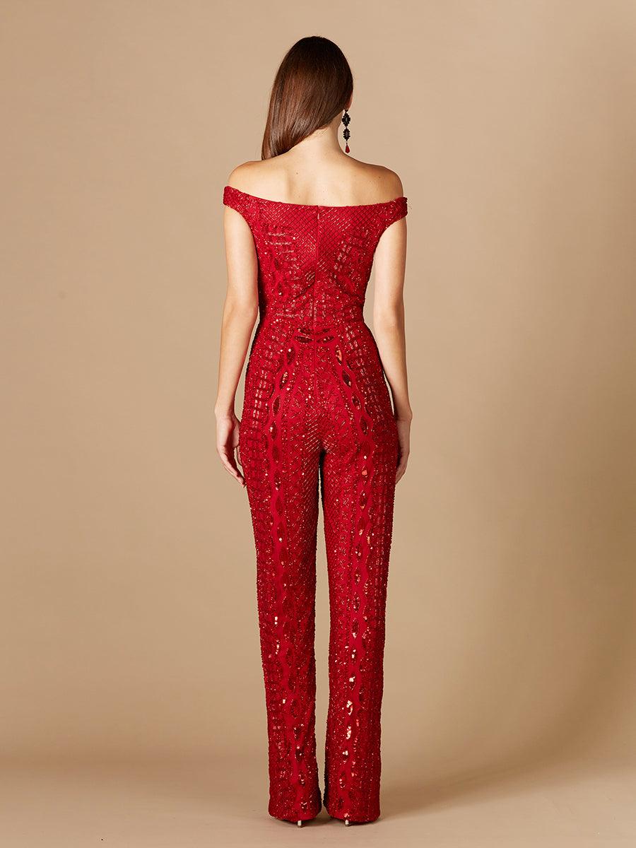 Prom Dresses Off Shoulder Beaded Jumpsuit Red