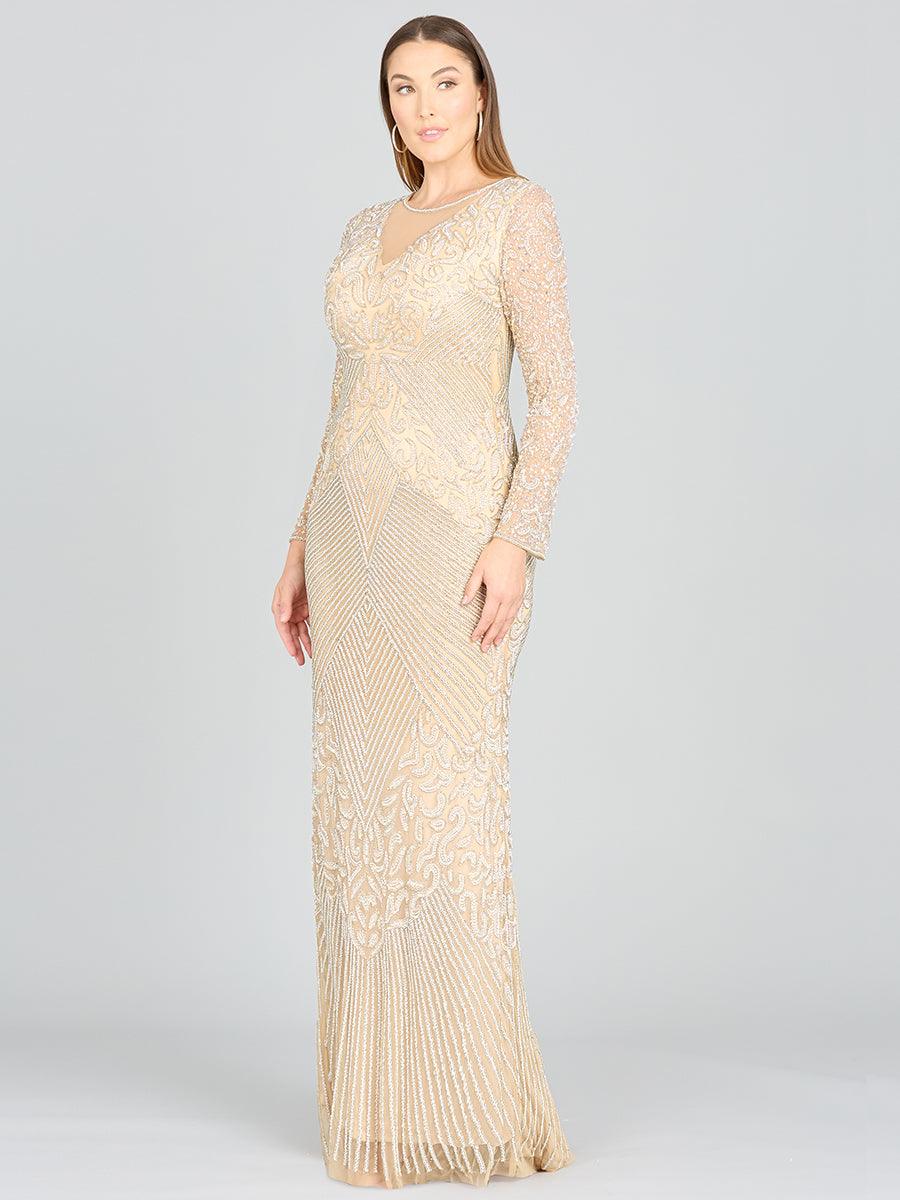 Formal Dresses Fitted Long Sleeve Evening Gown Nude Ivory