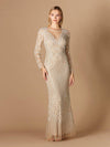 Formal Dresses Fitted Long Sleeve Evening Gown Nude Ivory