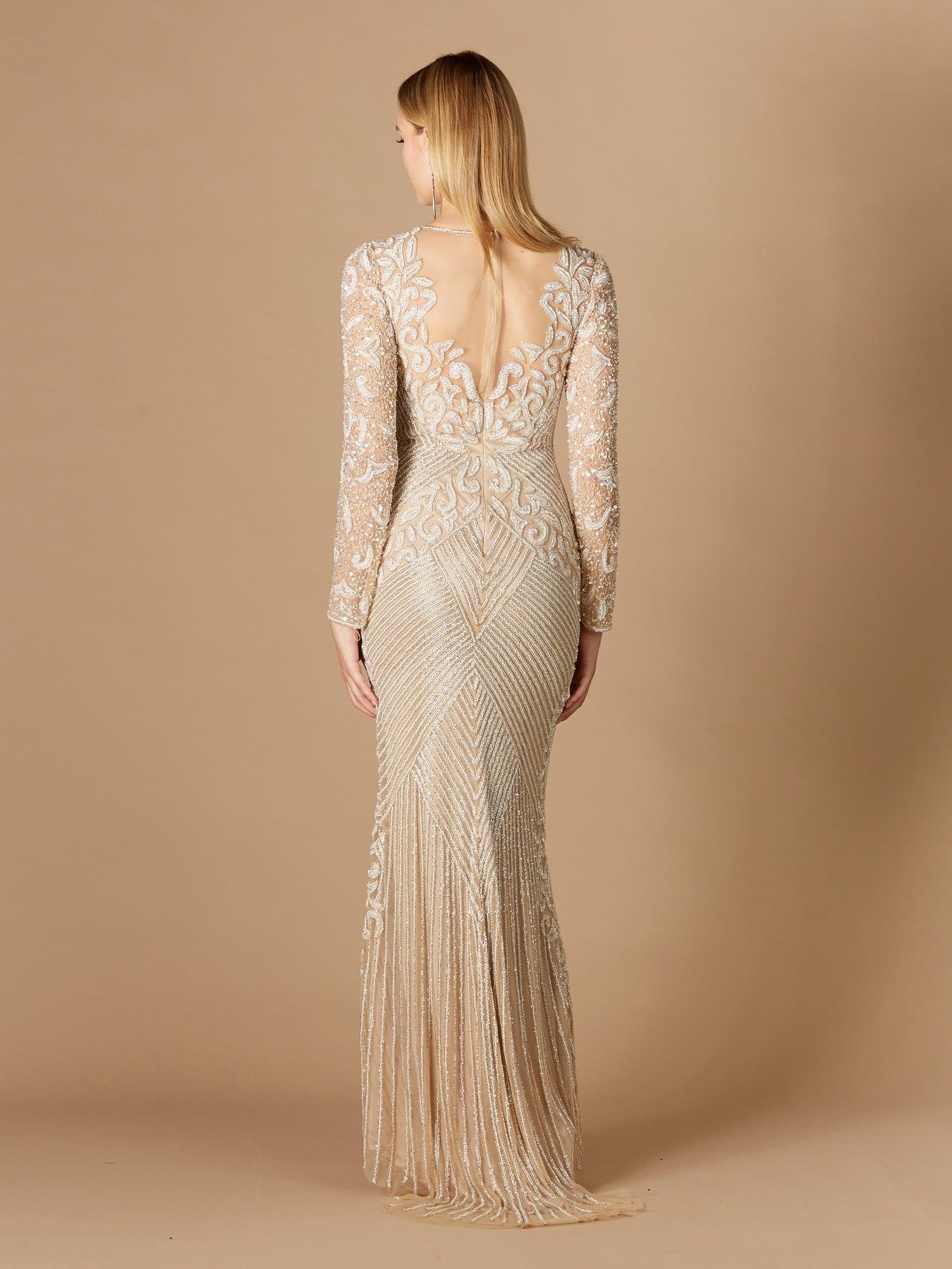 Formal Dresses Fitted Long Sleeve Evening Gown Nude Ivory