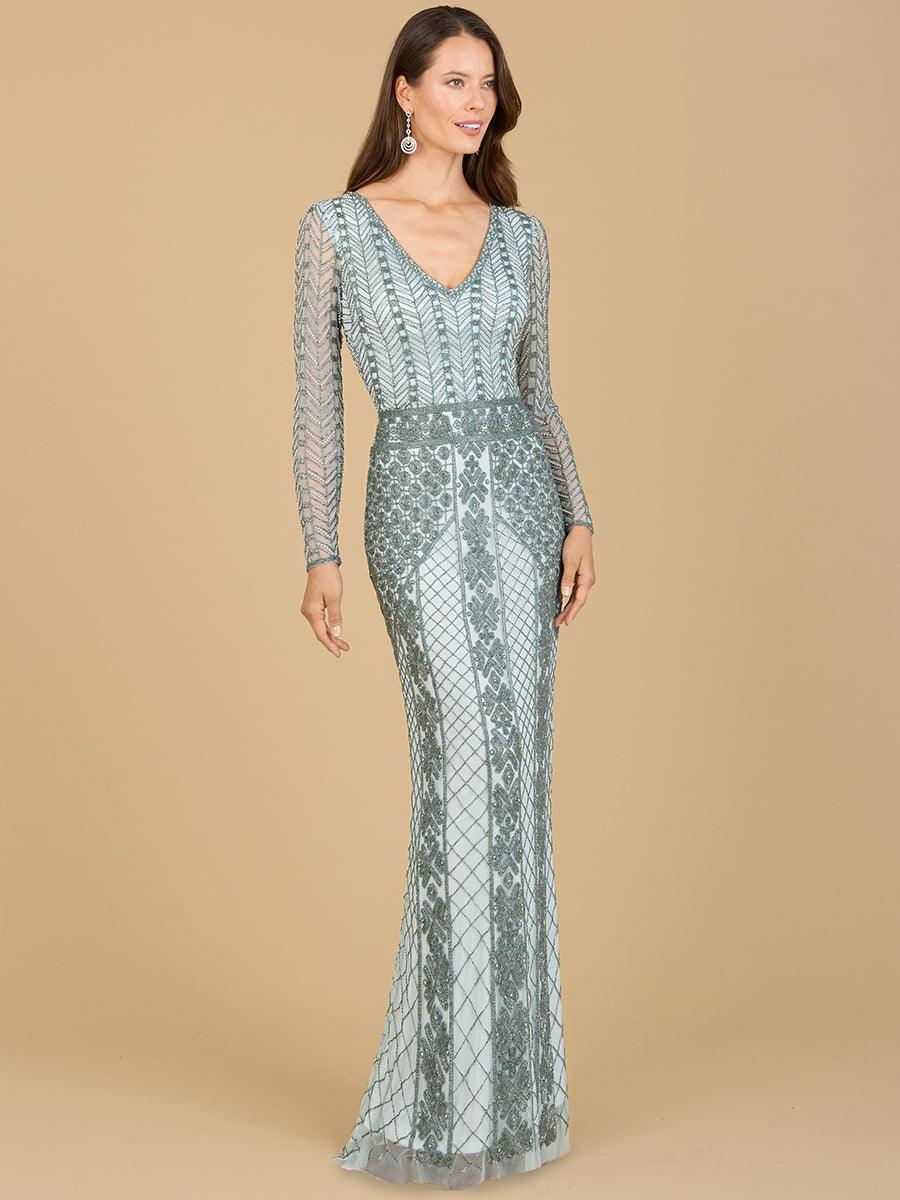 Formal Dresses Long Sleeve Beaded Evening Gown Light Blue