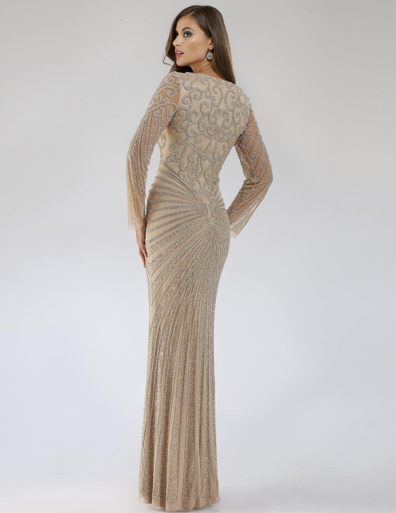 Formal Dresses Long Sleeve Beaded Evening Gown Champagne