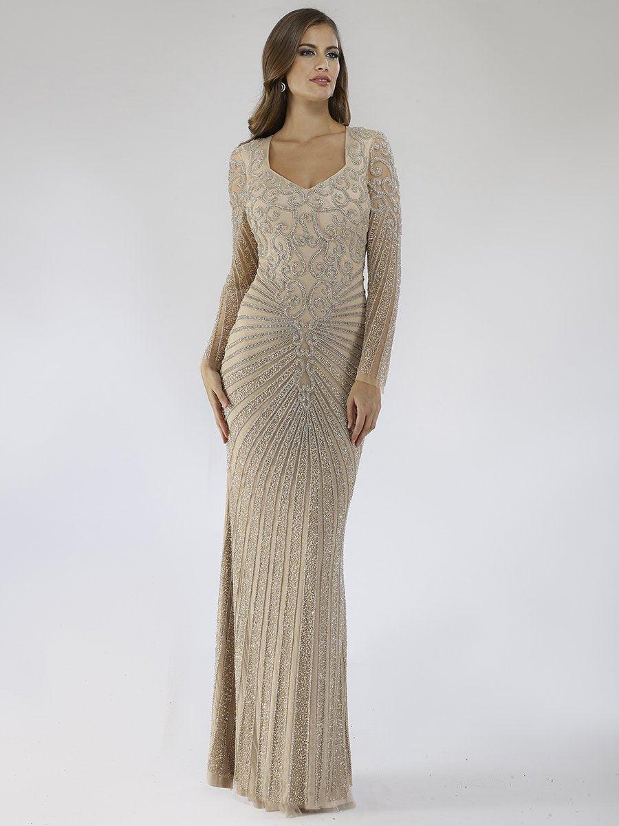 Formal Dresses Long Sleeve Beaded Evening Gown Champagne