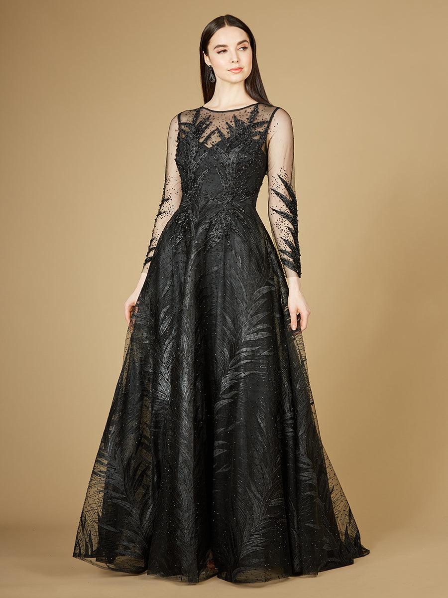 Formal Dresses High Neck Long Sleeve Evening Gown Black