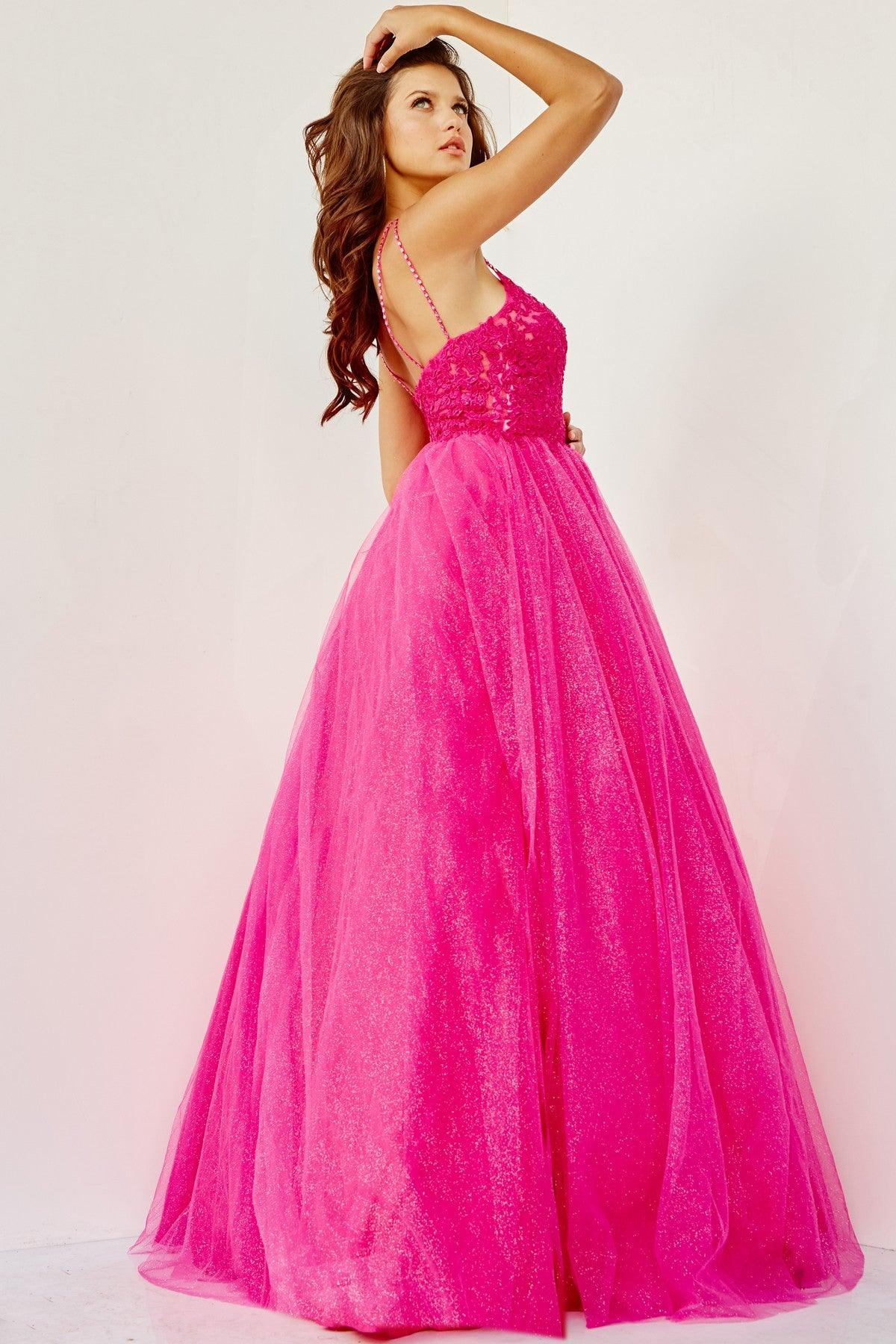 Prom Dresses Prom Long Spaghetti Strap Metallic Ball Gown Hot Pink