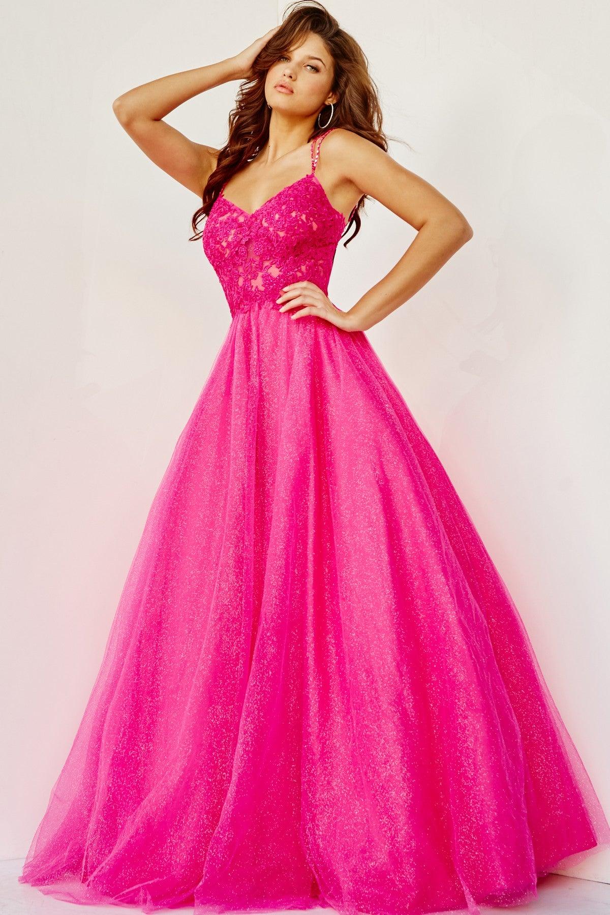 Prom Dresses Prom Long Spaghetti Strap Metallic Ball Gown Hot Pink