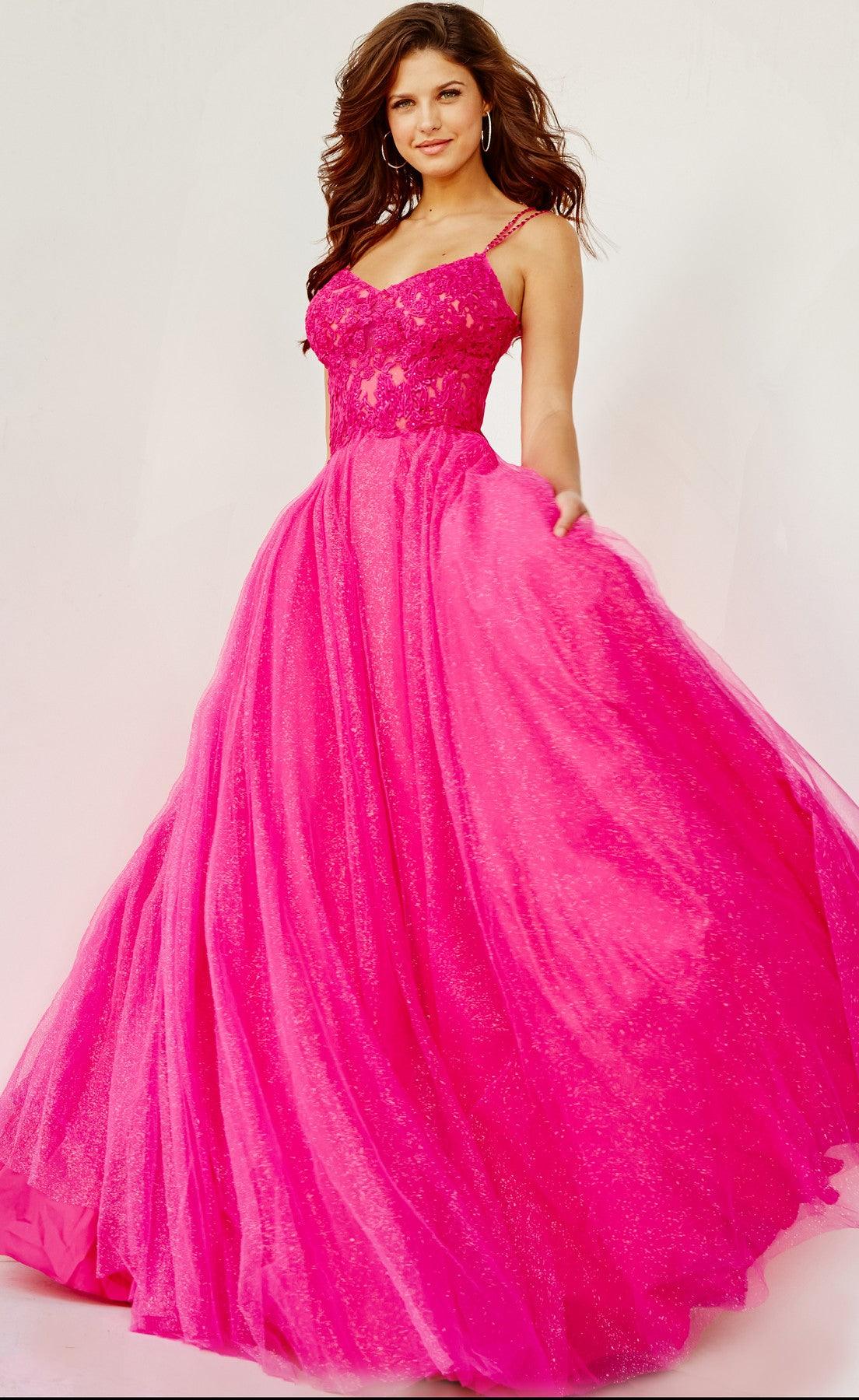 Prom Dresses Prom Long Spaghetti Strap Metallic Ball Gown Hot Pink