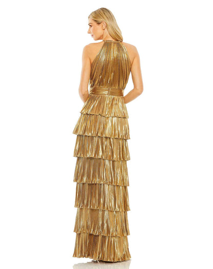 Formal Dresses Long Heat Pleated Tiered Ruffle Metallic Dress Gold