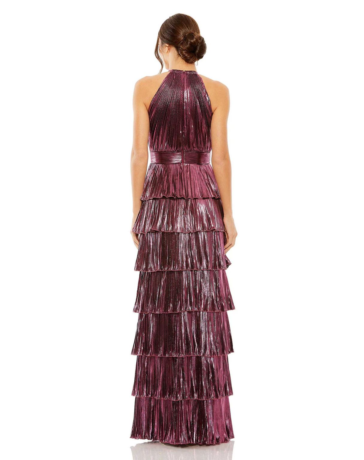 Formal Dresses Long Heat Pleated Tiered Ruffle Metallic Dress Rose