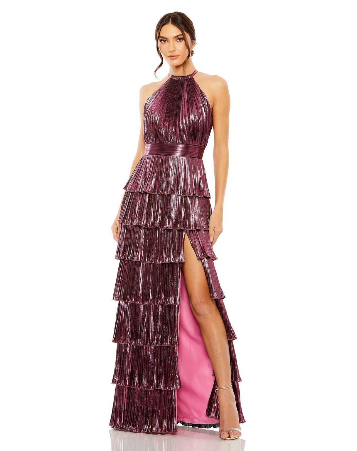 Formal Dresses Long Heat Pleated Tiered Ruffle Metallic Dress Rose