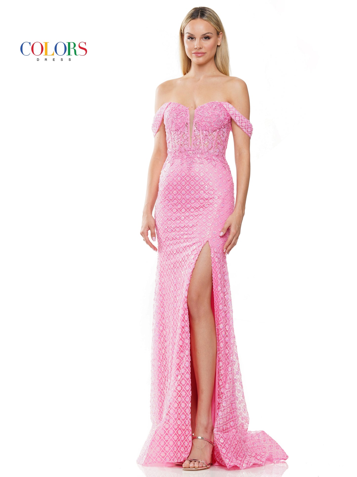 Prom Dresses Long Off Shoulder Glitter Mesh Prom Dress Pink