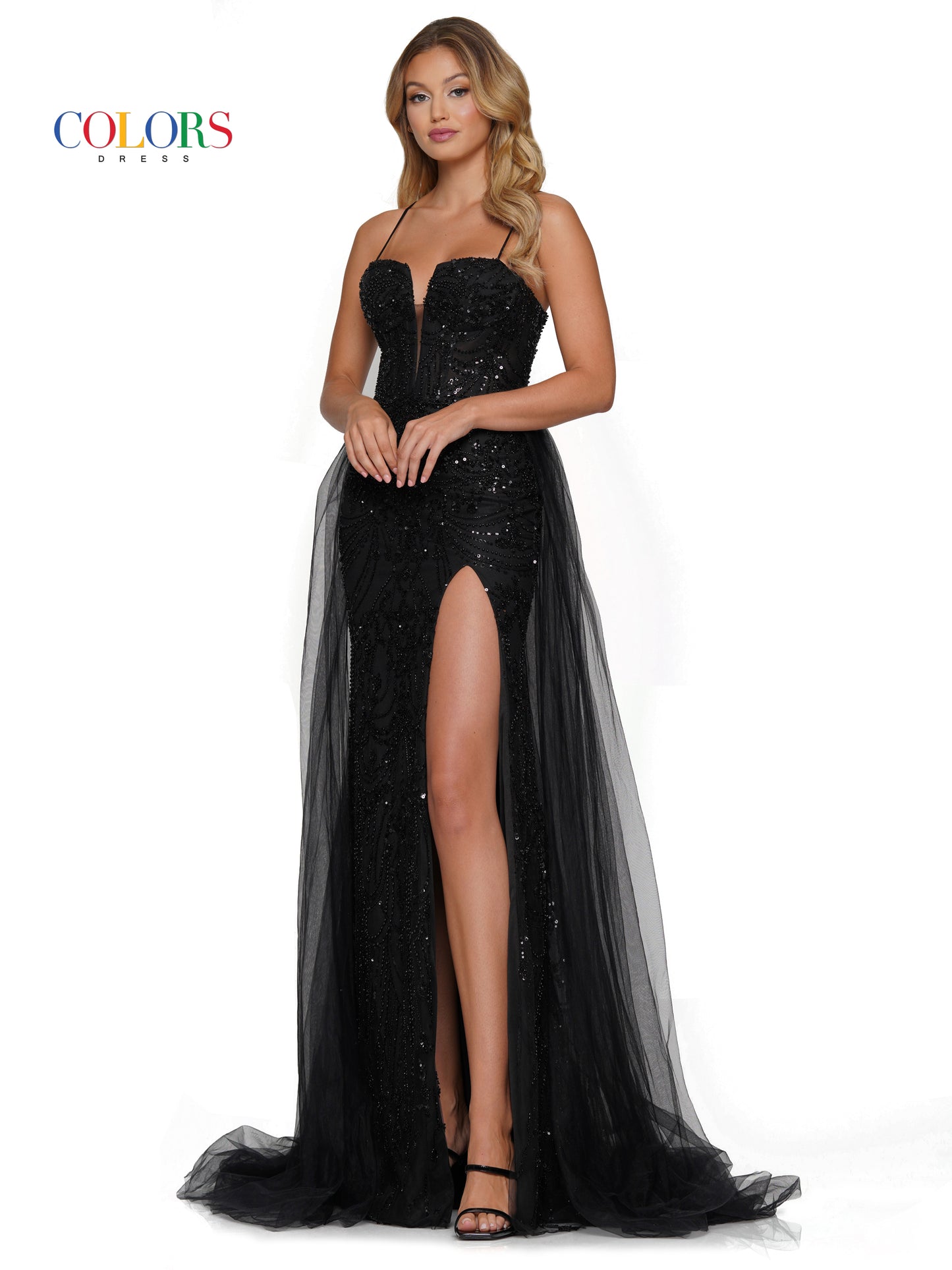 Prom Dresses Long Formal Beaded mesh Overskirt Prom Dress Black