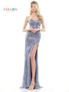 Prom Dresses Long Strapless Beaded Mesh Slit Prom Dress Slate Blue