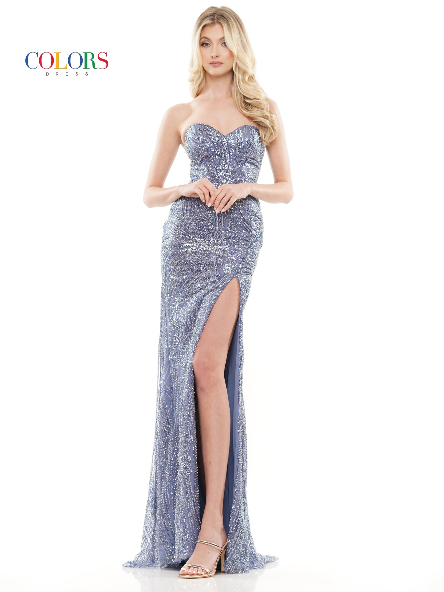 Prom Dresses Long Strapless Beaded Mesh Slit Prom Dress Slate Blue