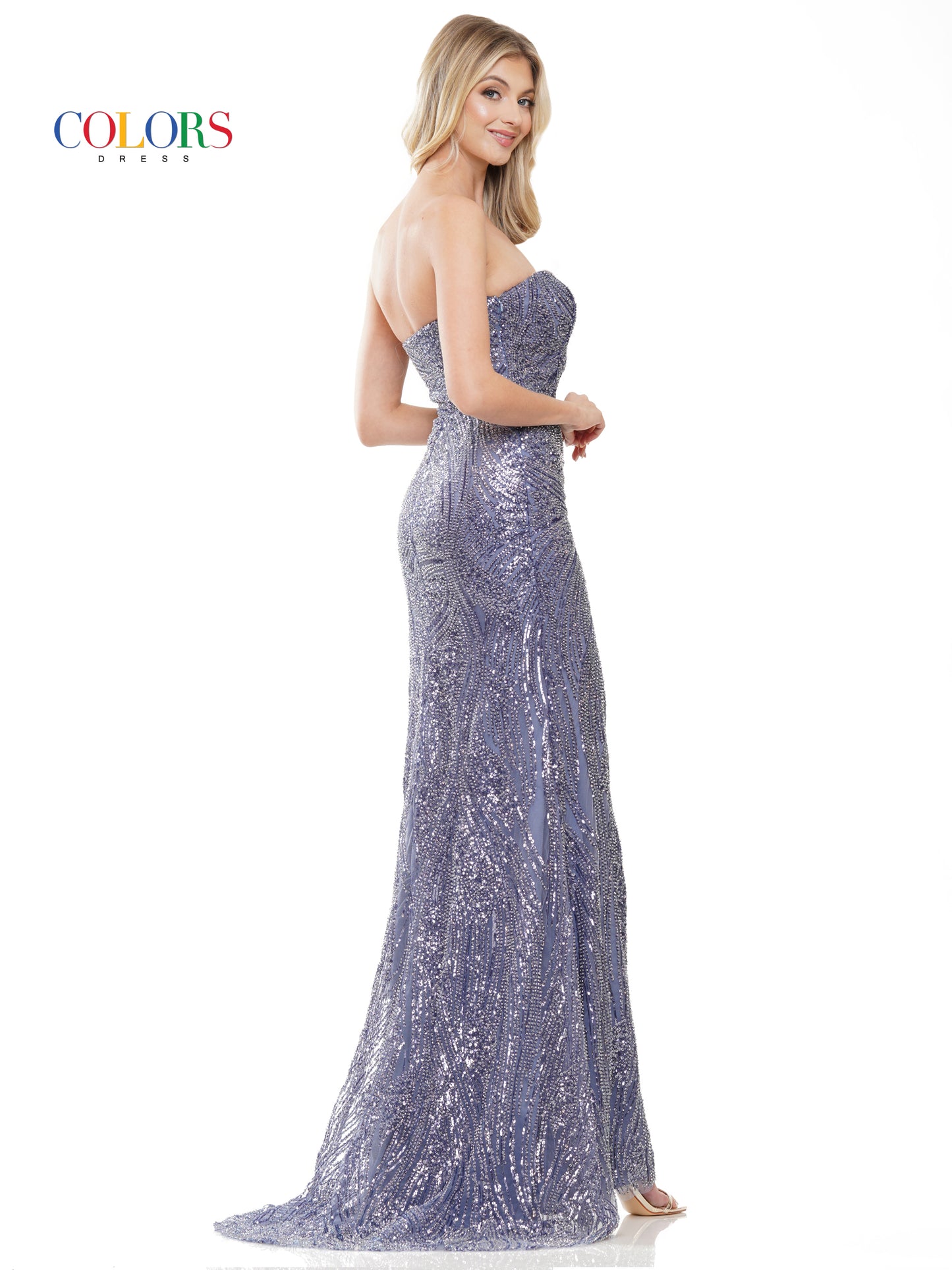 Prom Dresses Long Strapless Beaded Mesh Slit Prom Dress Slate Blue