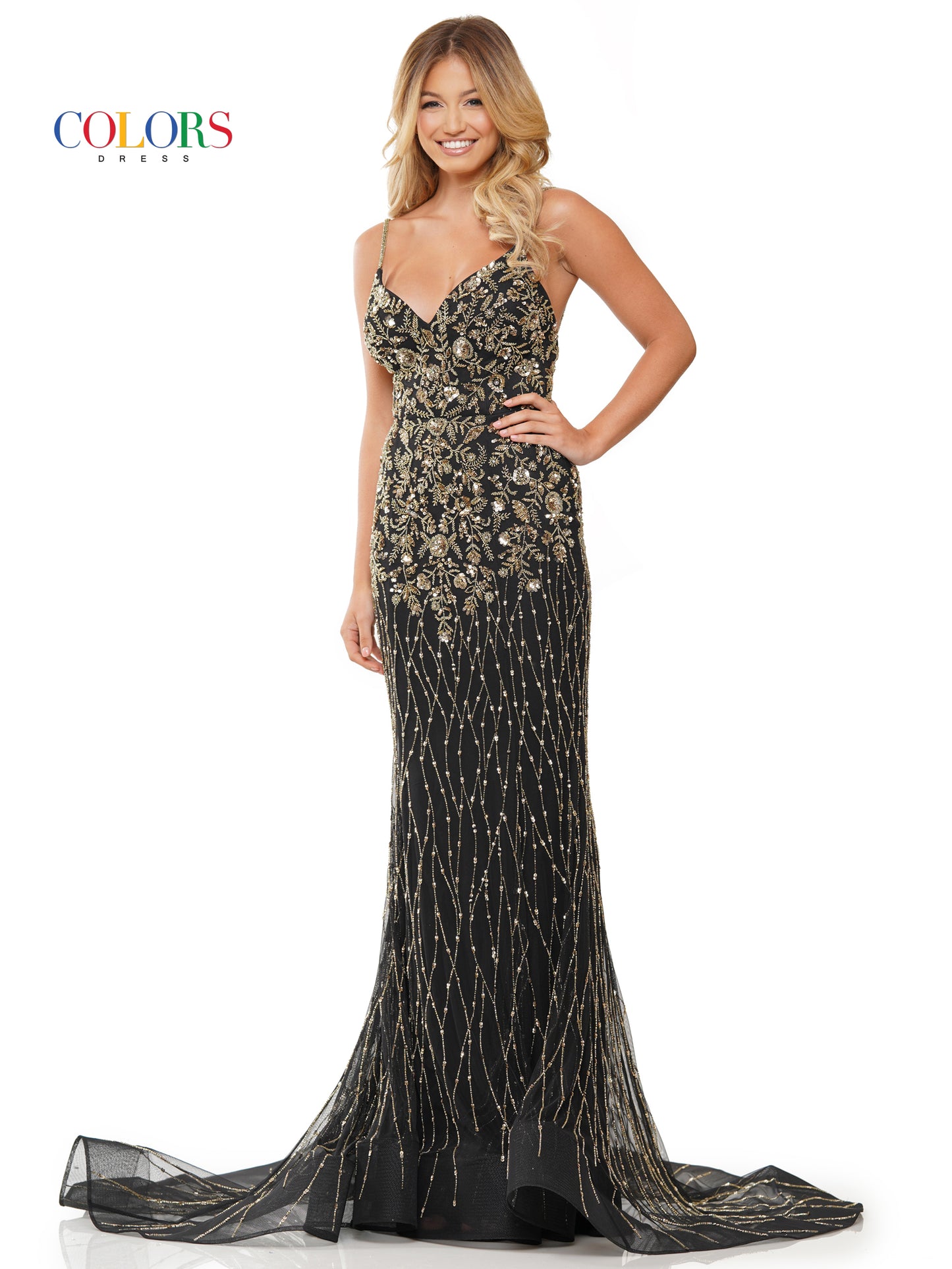 Prom Dresses Long Fitted Formal Beaded Mesh Prom Dress Black Gold