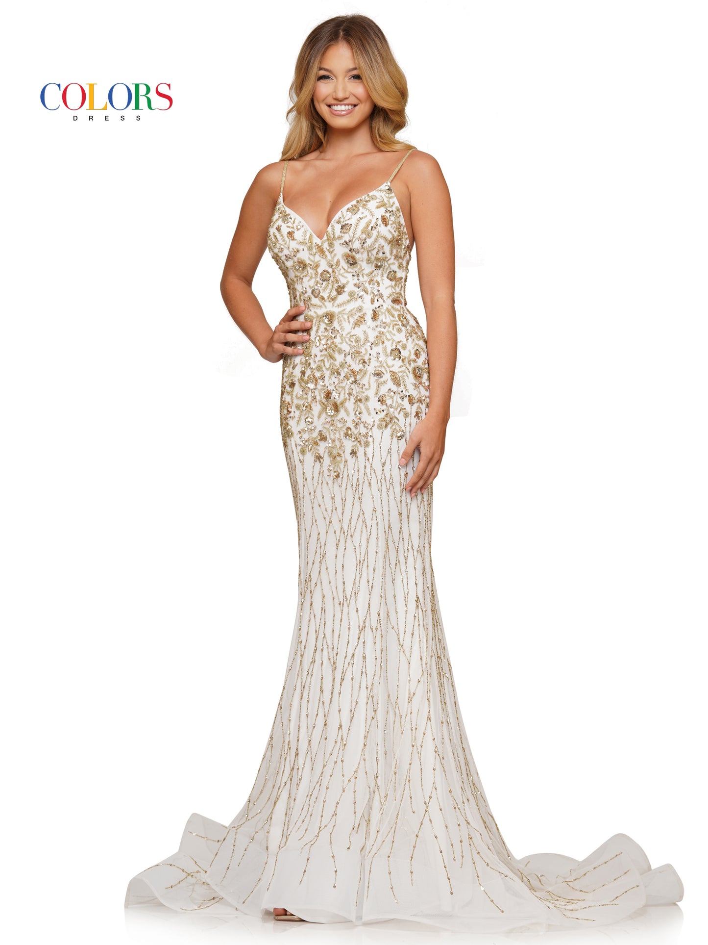 Prom Dresses Long Fitted Formal Beaded Mesh Prom Dress White Gold