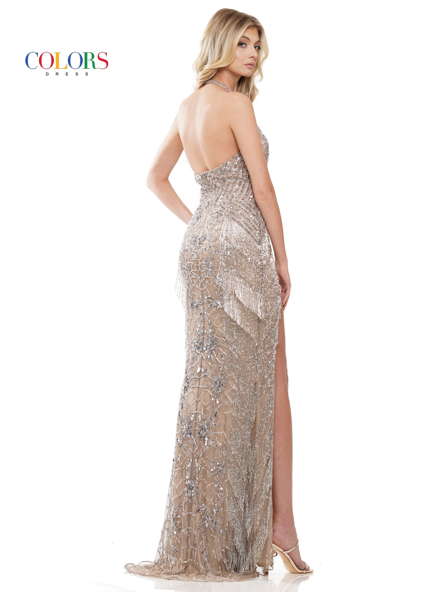 Prom Dresses Long Formal Halter Fitted Slit Prom Dress Silver Nude