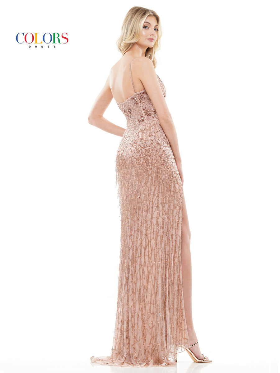 Prom Dresses Long Fitted Beaded Mesh Prom Formal Dress Mauve Rose Gold