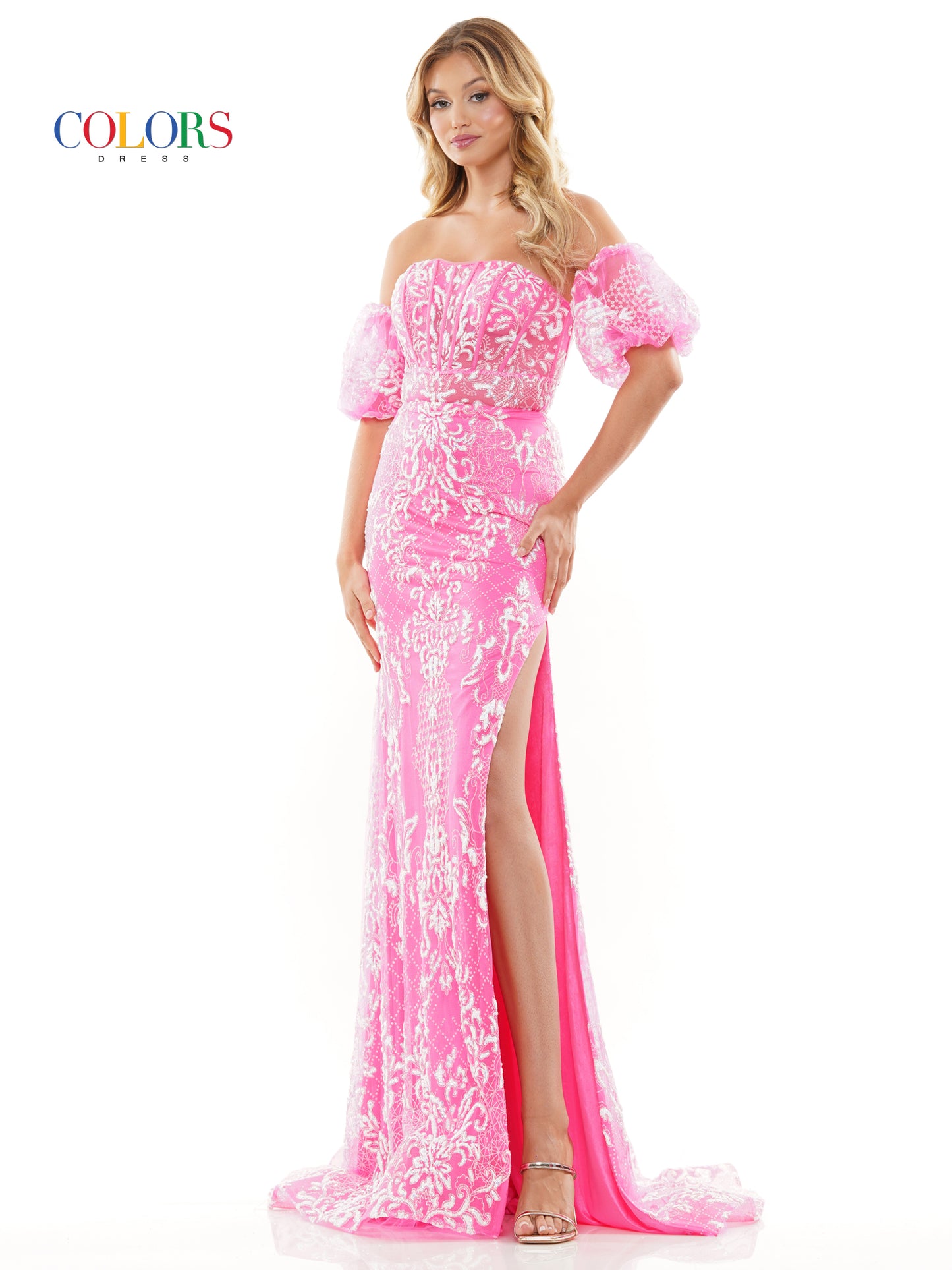 Prom Dresses Long Off Shoulder Glitter Mesh Prom Dress Hot Pink