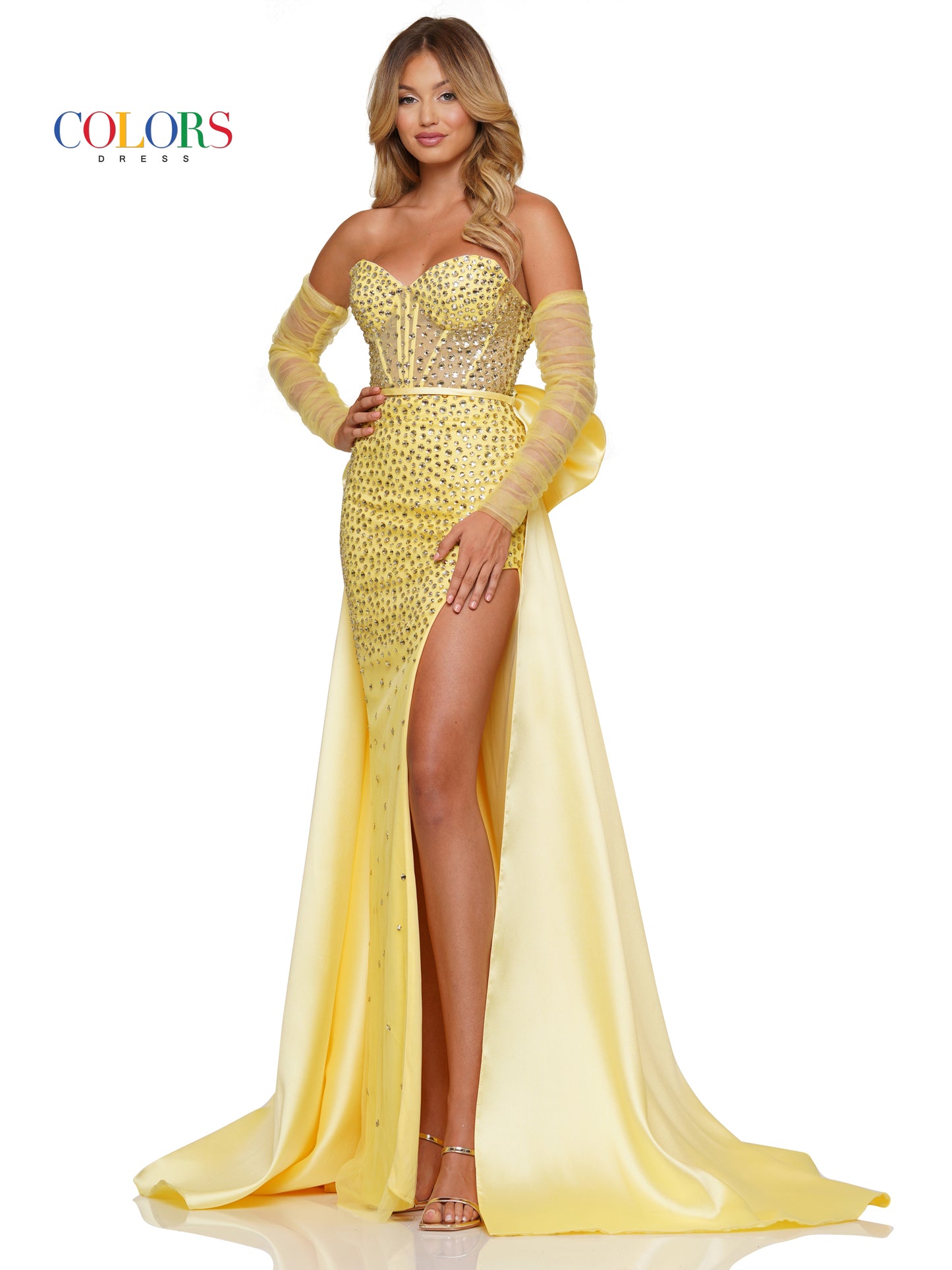 Prom Dresses Long Strapless Beaded Mesh Overskirt Prom Dress Yellow