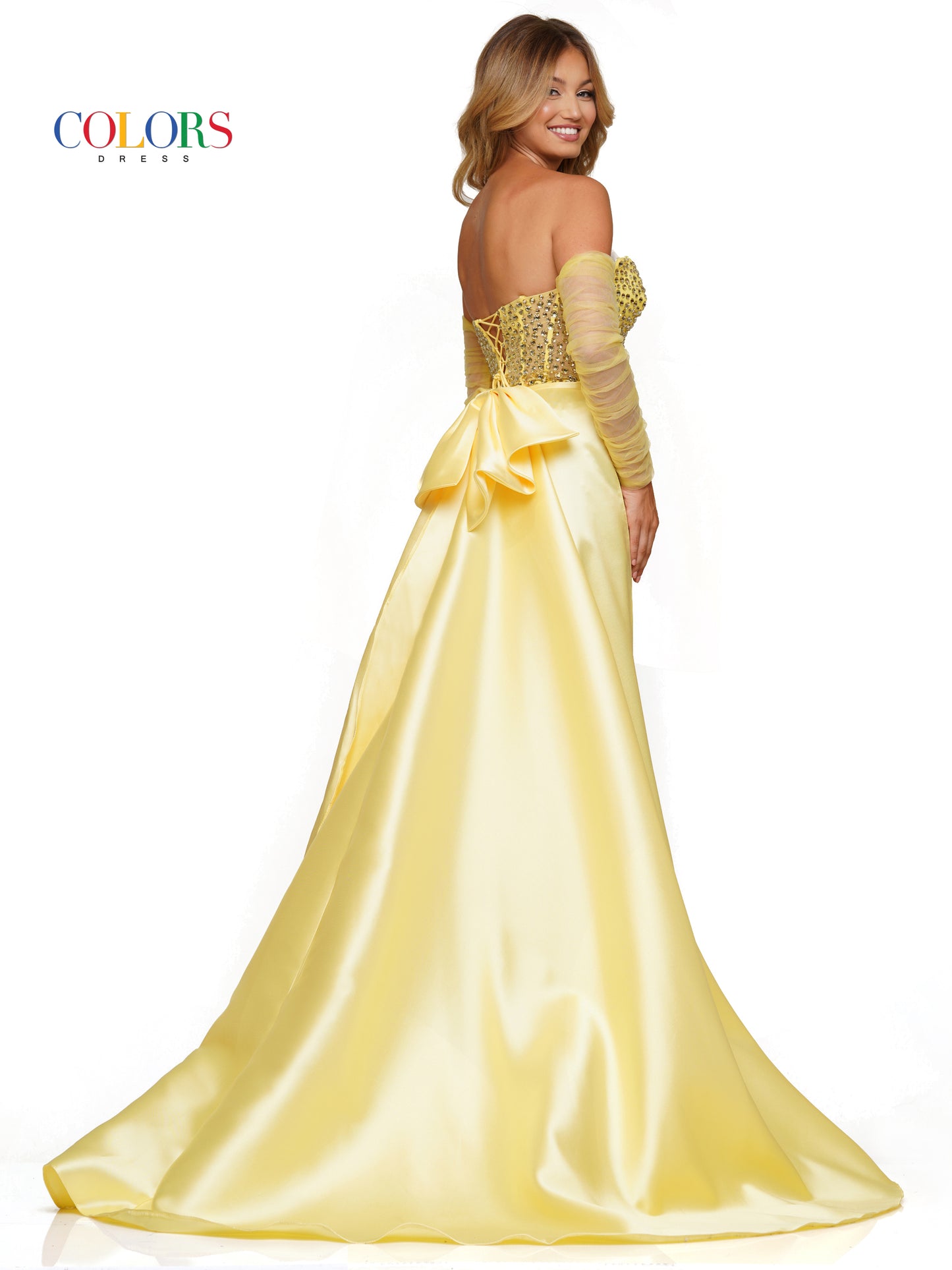 Prom Dresses Long Strapless Beaded Mesh Overskirt Prom Dress Yellow