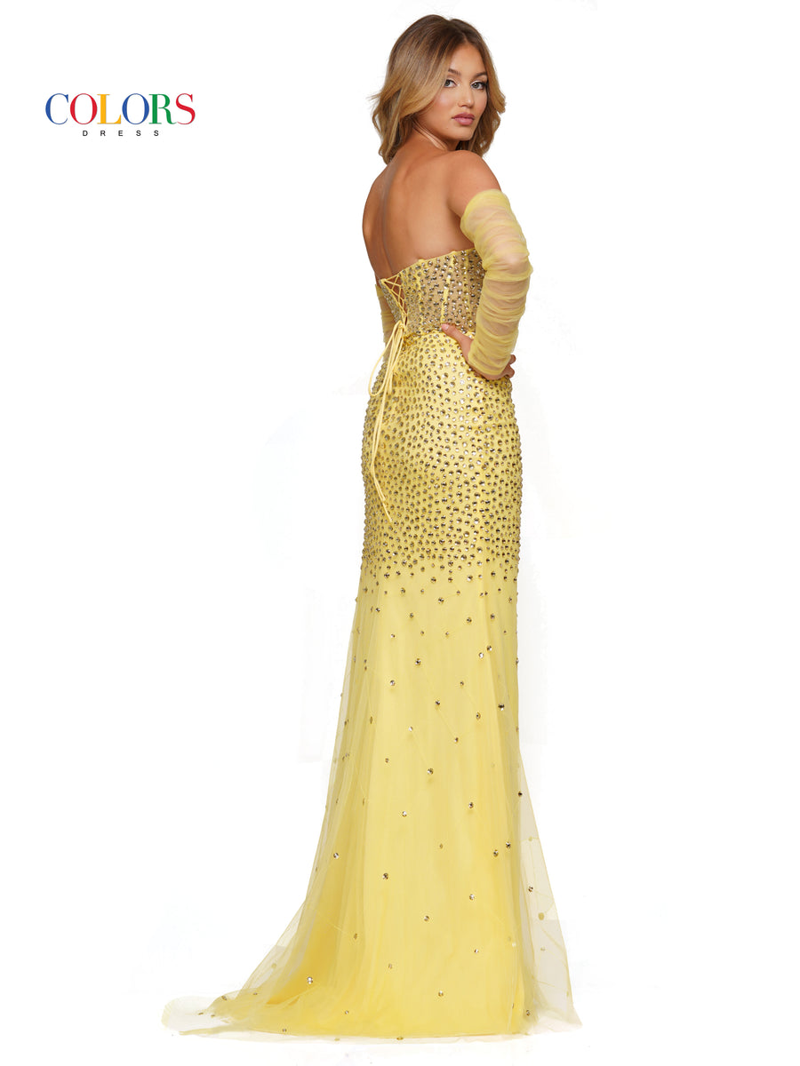 Prom Dresses Long Strapless Beaded Mesh Overskirt Prom Dress Yellow