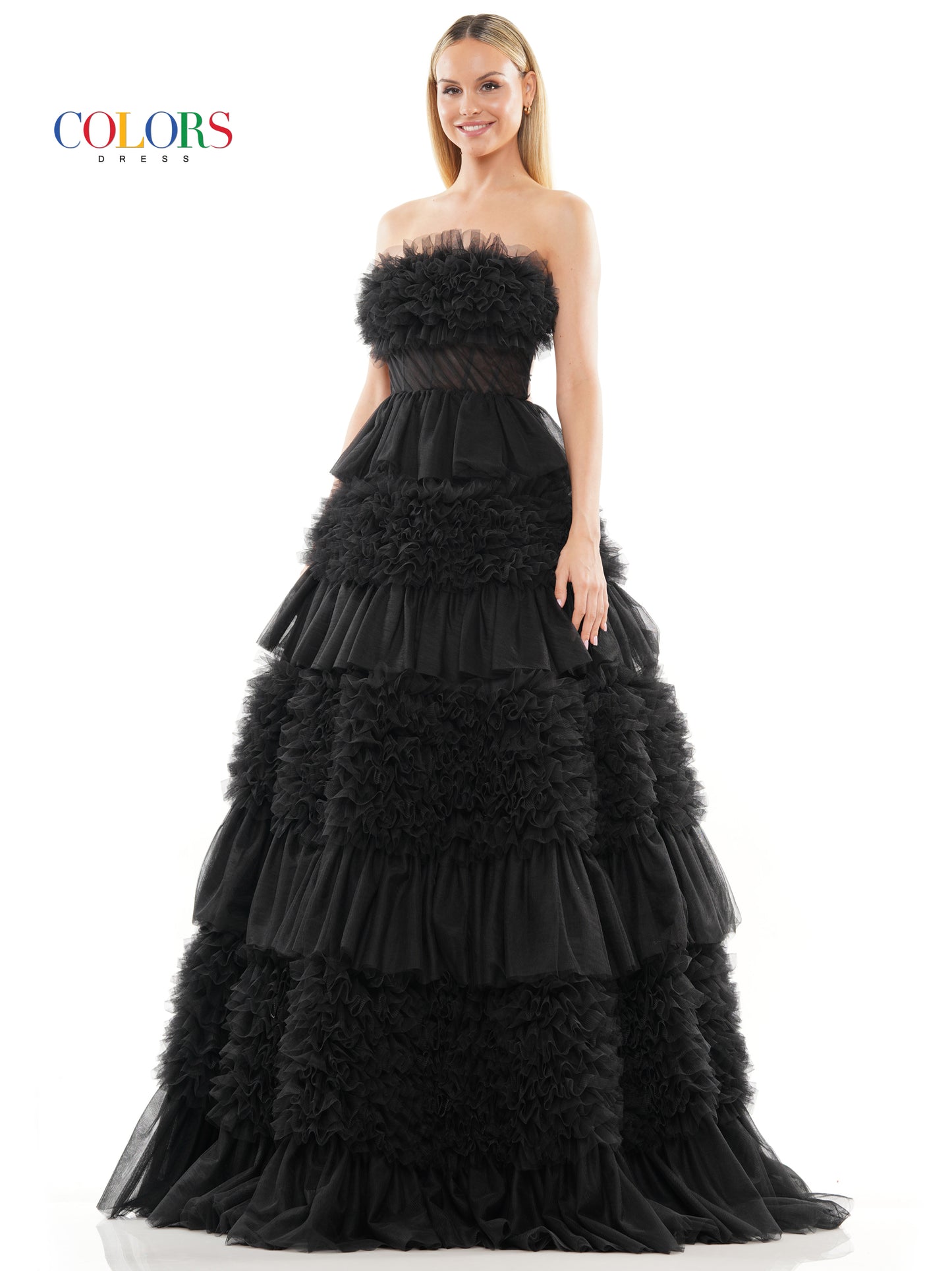 Prom Dresses Long Strapless Tiered Prom Ball Gown Black