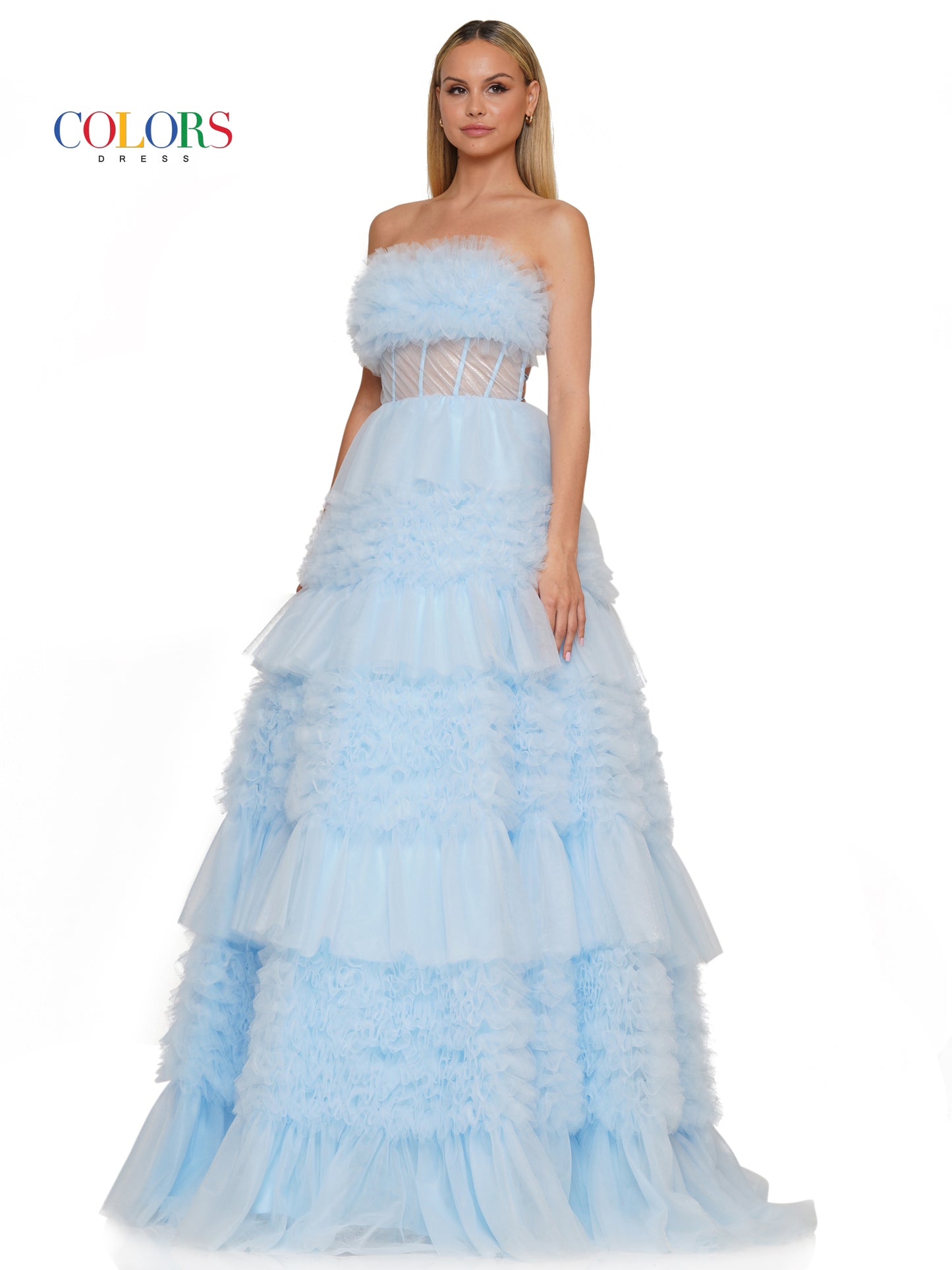 Prom Dresses Long Strapless Tiered Prom Ball Gown Light Blue