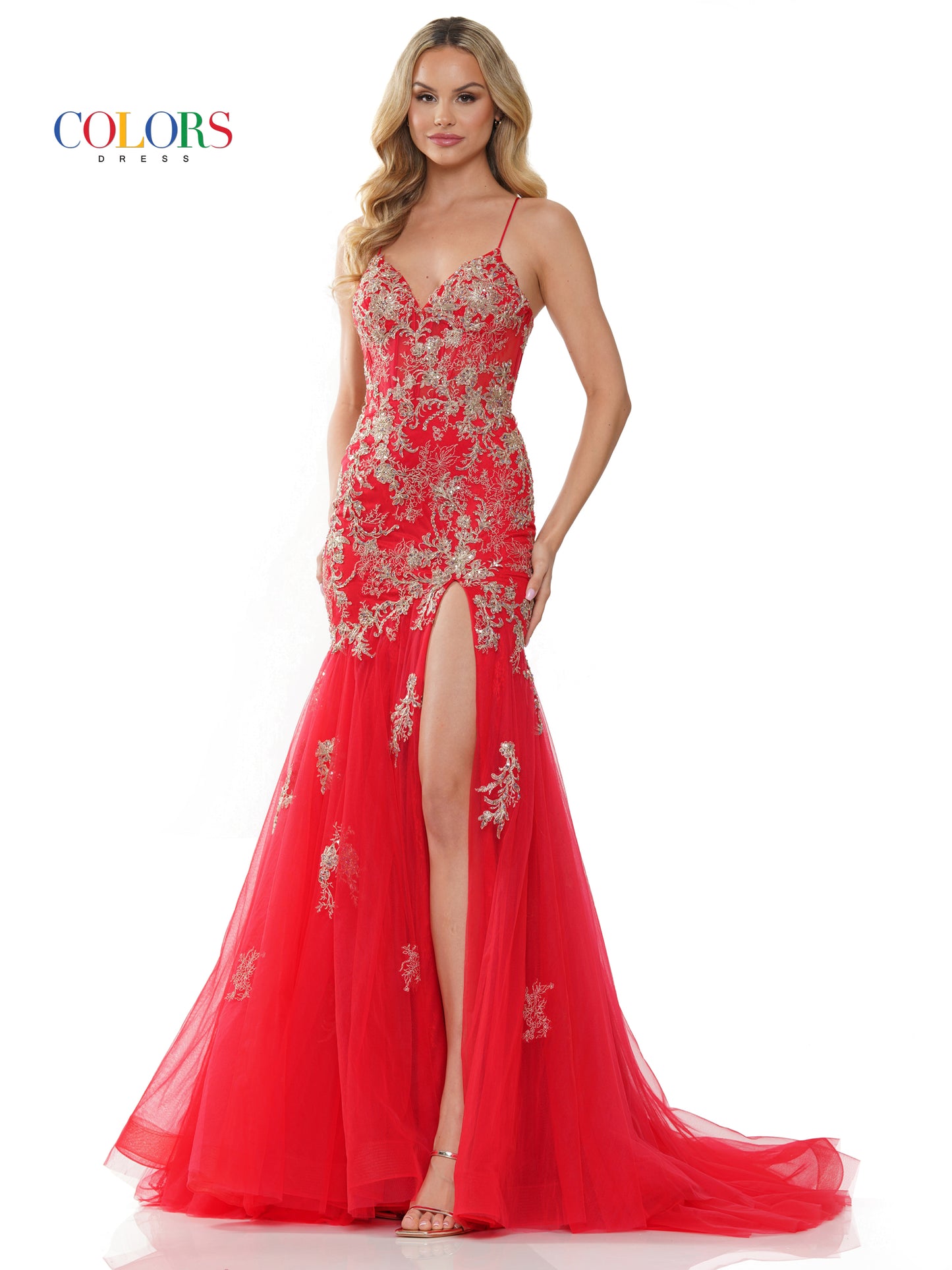 Prom Dresses Formal Long Spaghetti Strap Prom Dress Red Gold