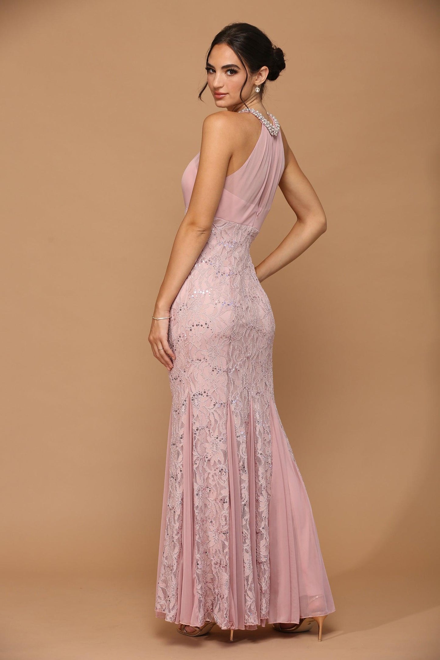 Long Fitted Formal Halter Lace Chiffon Dress