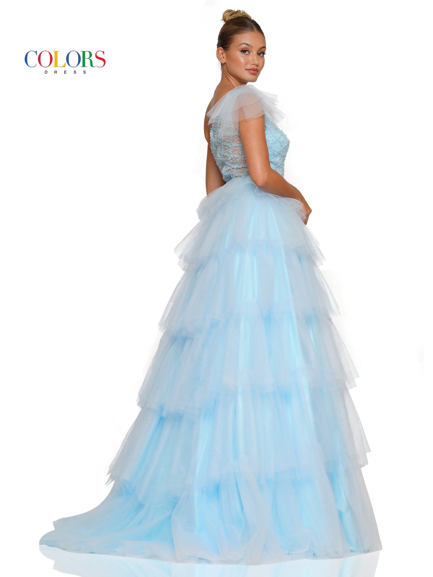 Prom Dresses Prom Long One Shoulder Beaded Mesh Ball Gown Light Blue