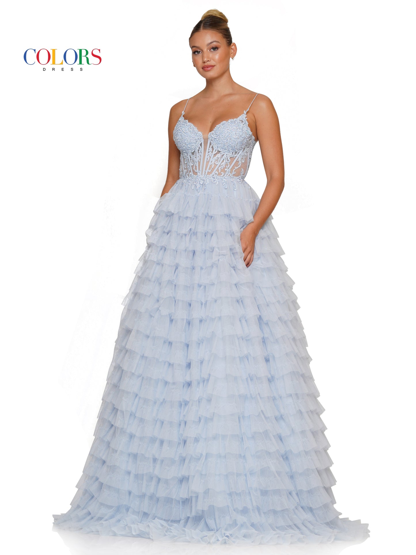 Prom Dresses Prom Long Spaghetti Strap Beaded mesh ball Gown Light Blue