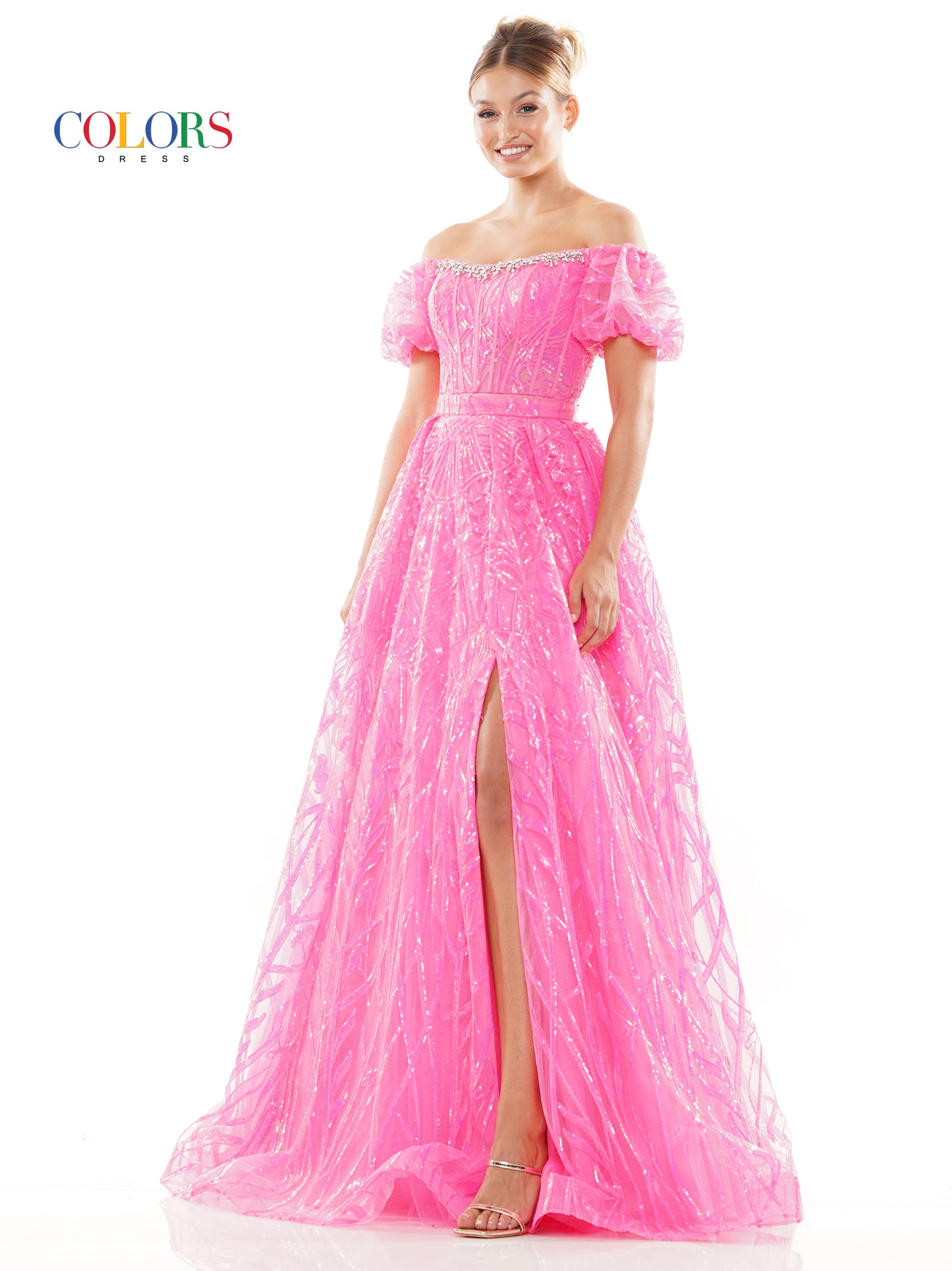 Prom Dresses Prom Long Off Shoulder Glitter Mesh Ball Gown Hot Pink