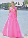 Prom Dresses Long Cap Sleeve Prom Ball Gown Hot Pink