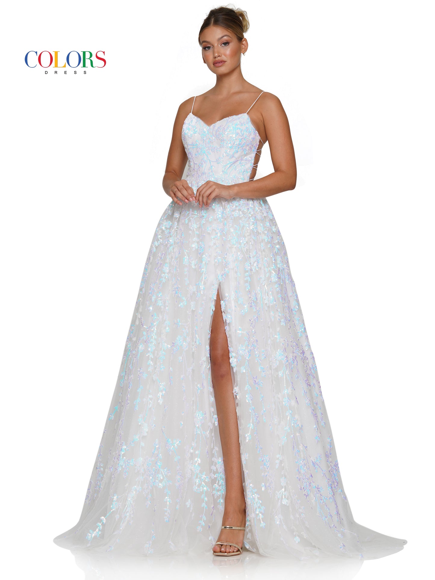 Prom Dresses Long Spaghetti Strap Sequin Prom Ball Gown Off White