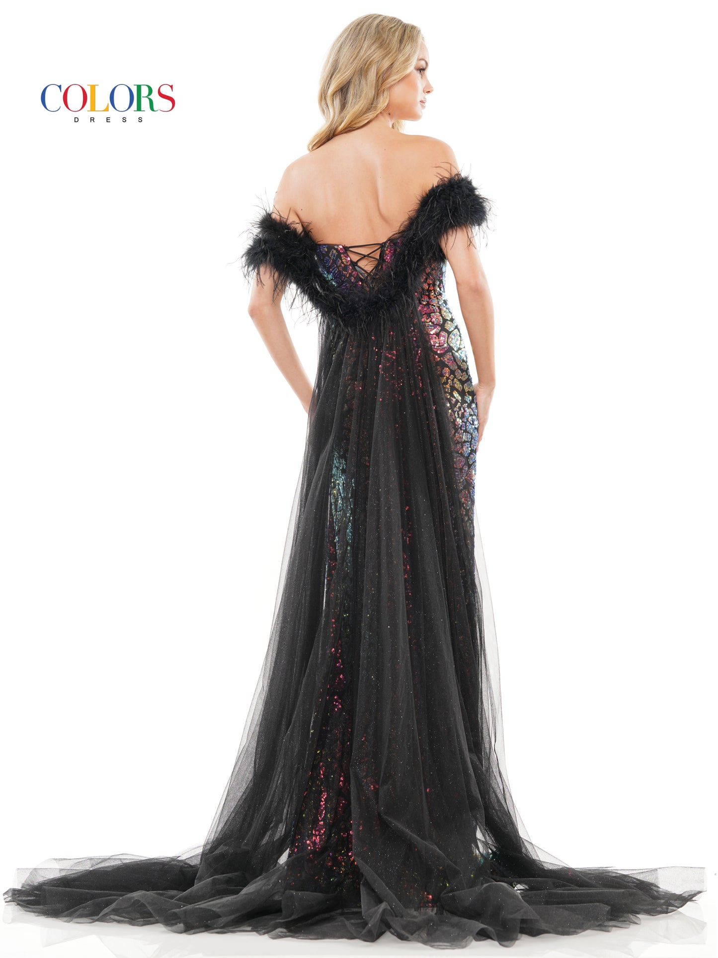 Prom Dresses Long Fitted Off Shoulder Feather Prom Dress Black Multi