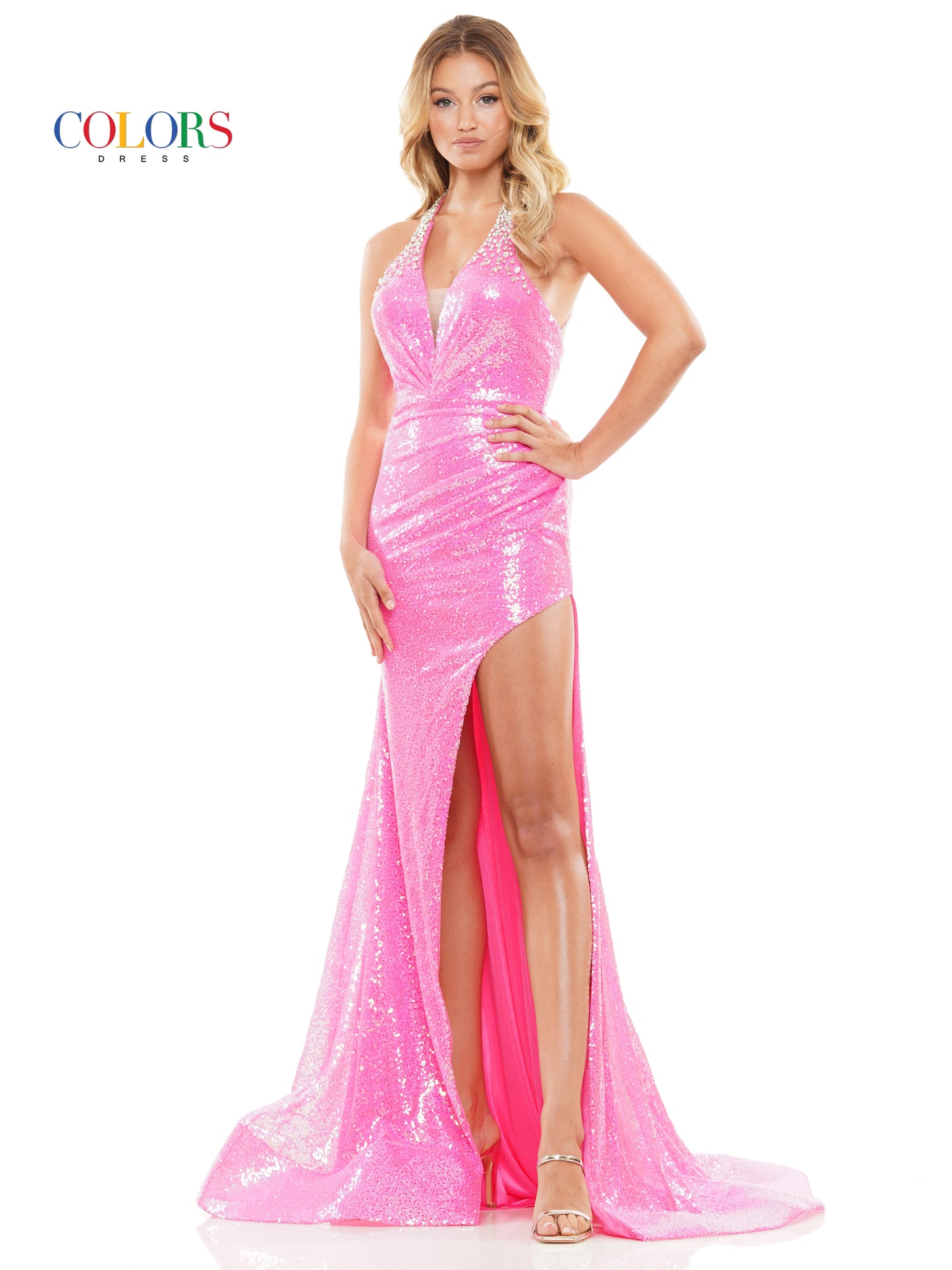 Prom Dresses Long Halter Sequin Fitted Prom Dress Hot Pink