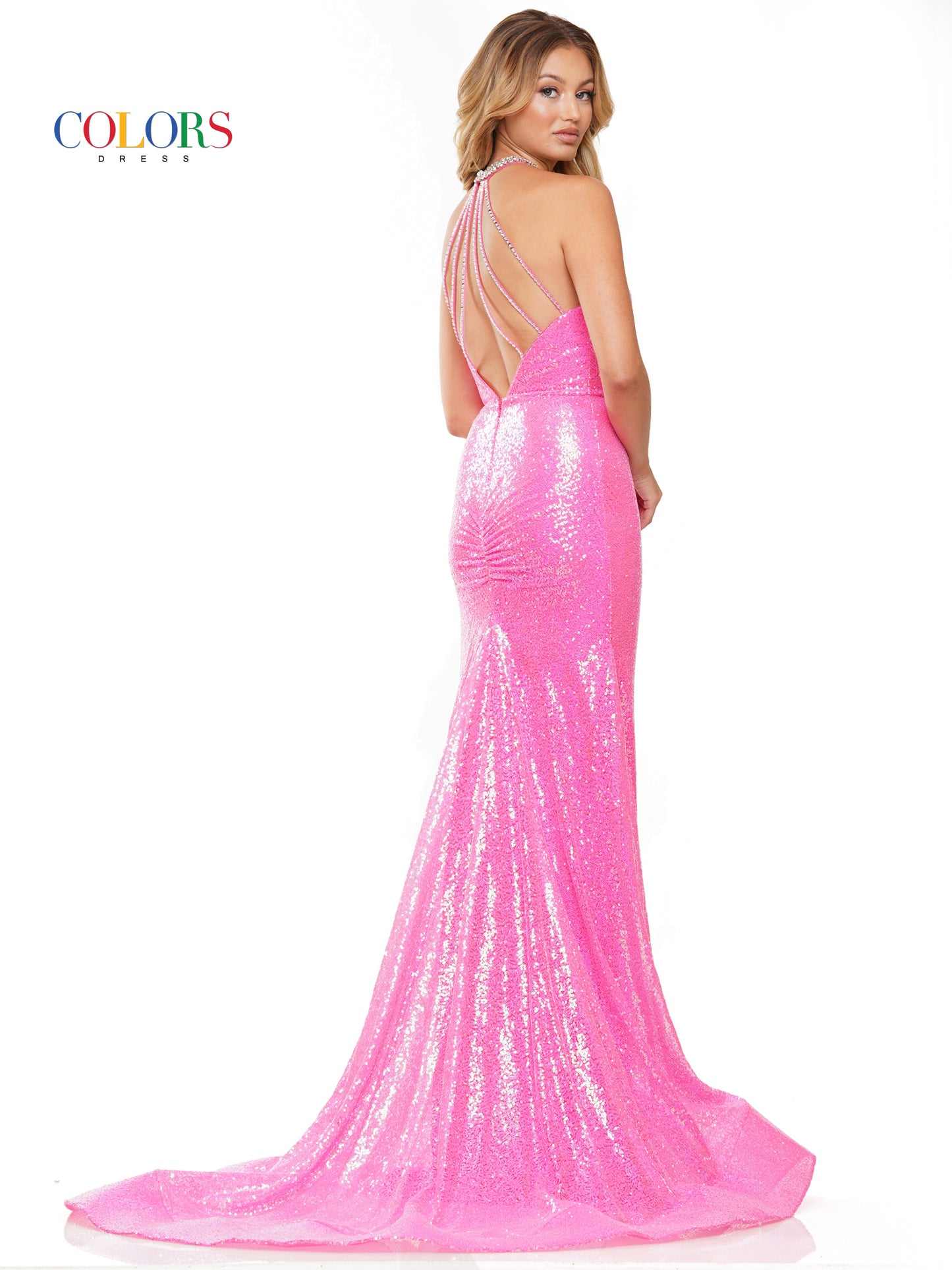 Prom Dresses Long Halter Sequin Fitted Prom Dress Hot Pink