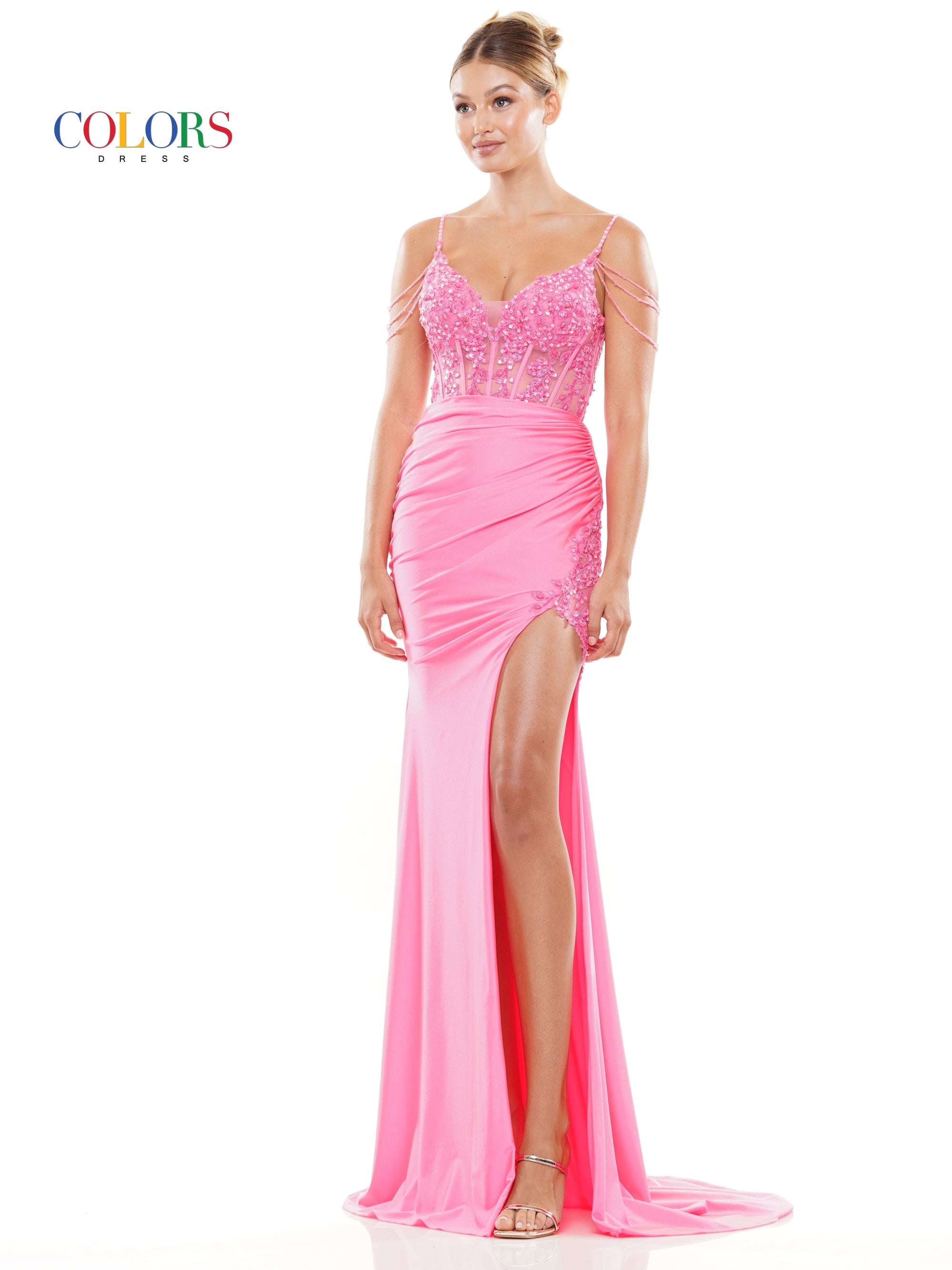 Hot Pink Colors 3302 Long Beaded Corset Bodice Front Slit Prom Dress ...