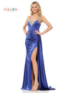 Prom Dresses Long Beaded Corset Bodice Front Slit Satin Prom Dress  Royal