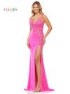 Prom Dresses Long Beaded Mesh Front Slit Cross Back Satin Prom Dress  Hot Pink