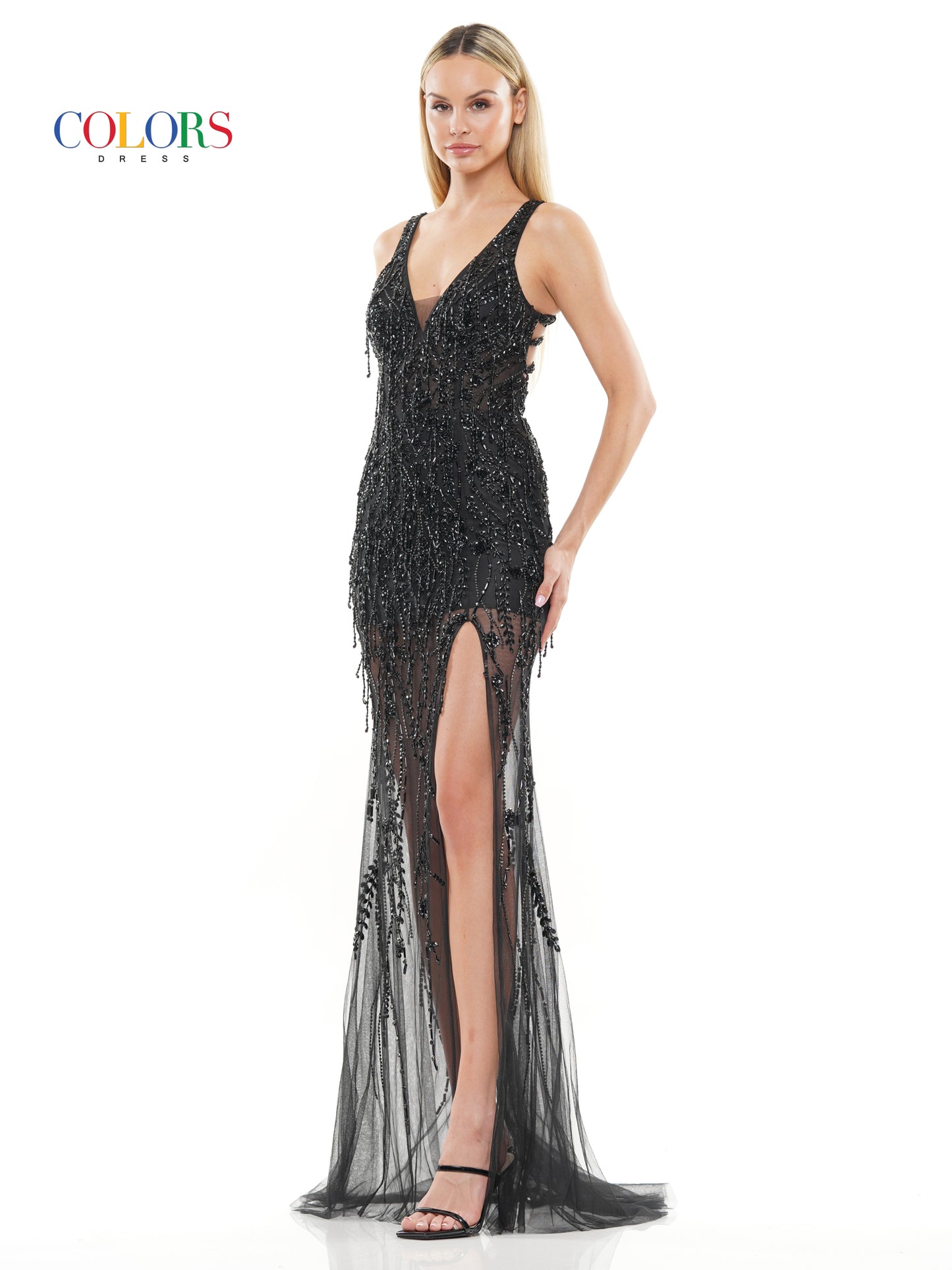 Prom Dresses Long Beaded Mesh Cross Back Sleeveless Prom Dress  Black