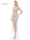 Prom Dresses Long Beaded Mesh Cross Back Sleeveless Prom Dress  Silver Nude