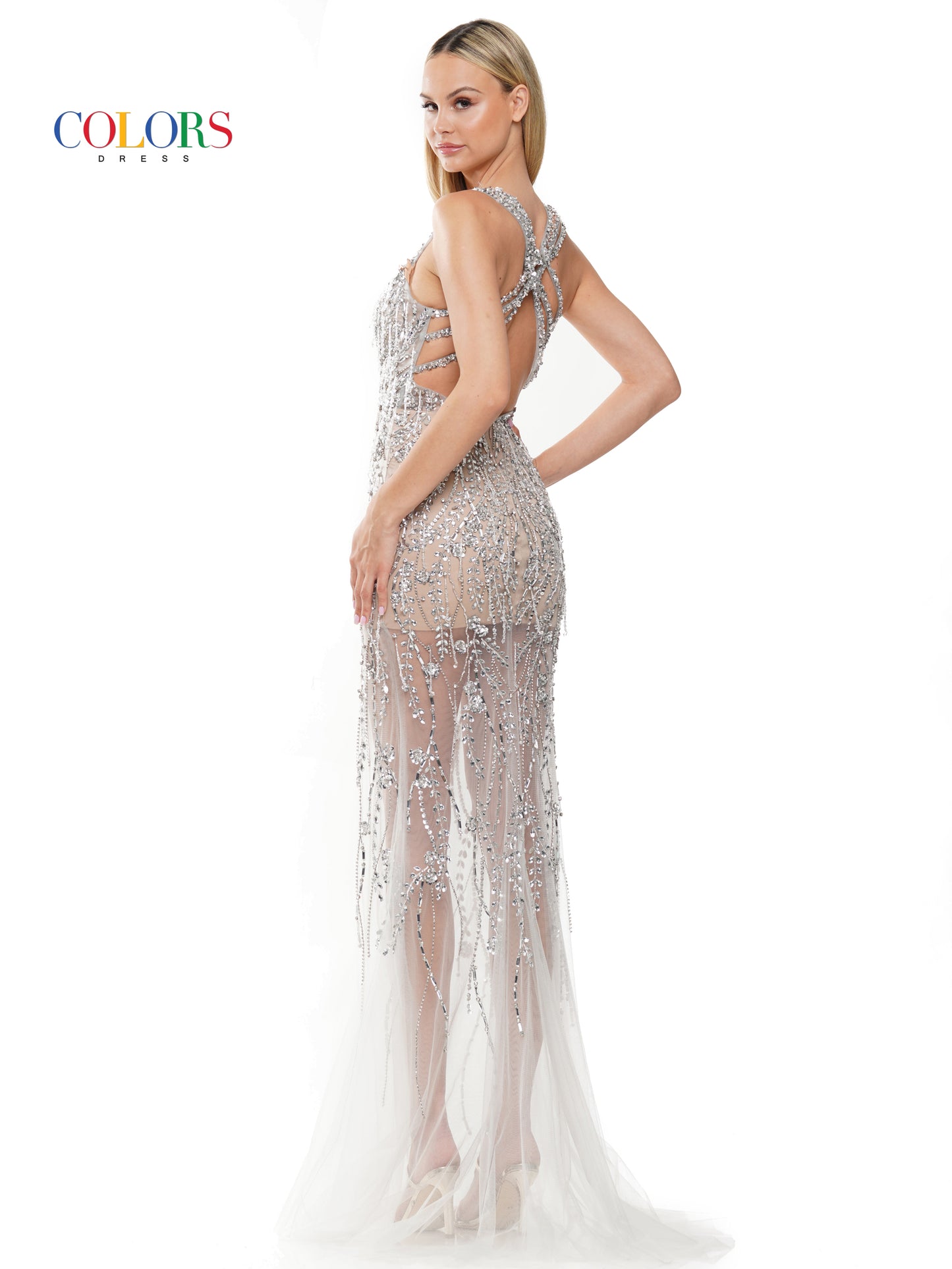 Prom Dresses Long Beaded Mesh Cross Back Sleeveless Prom Dress  Silver Nude