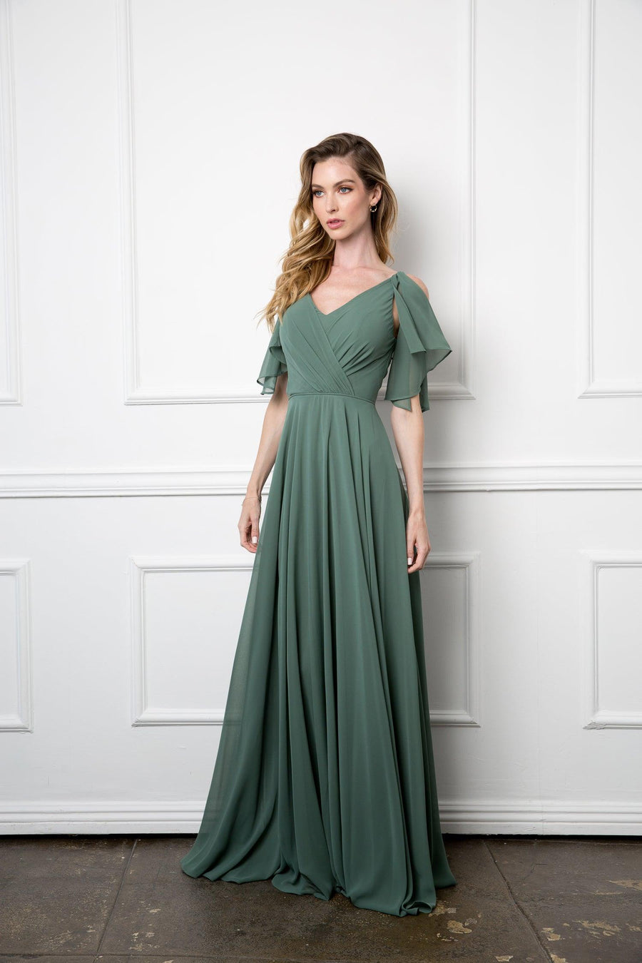 Long Formal Flutter Sleeves Bridesmaids Dress