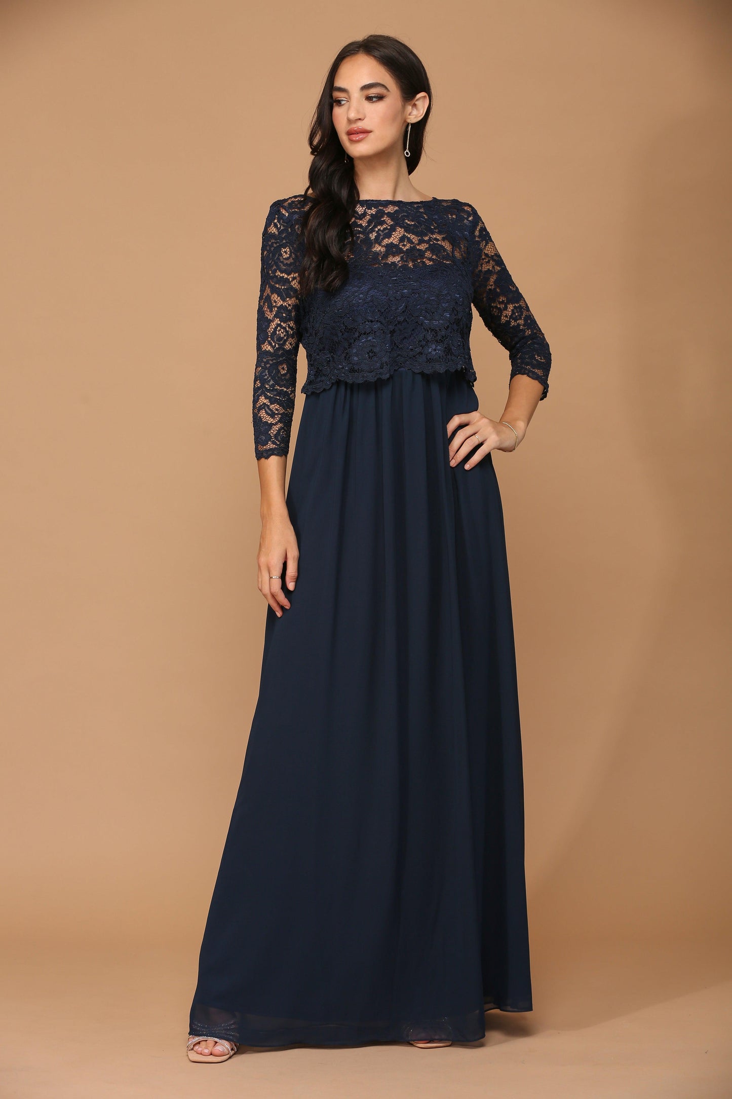 Long 3/4 Sleeve Mother of the Bride Chiffon Dress