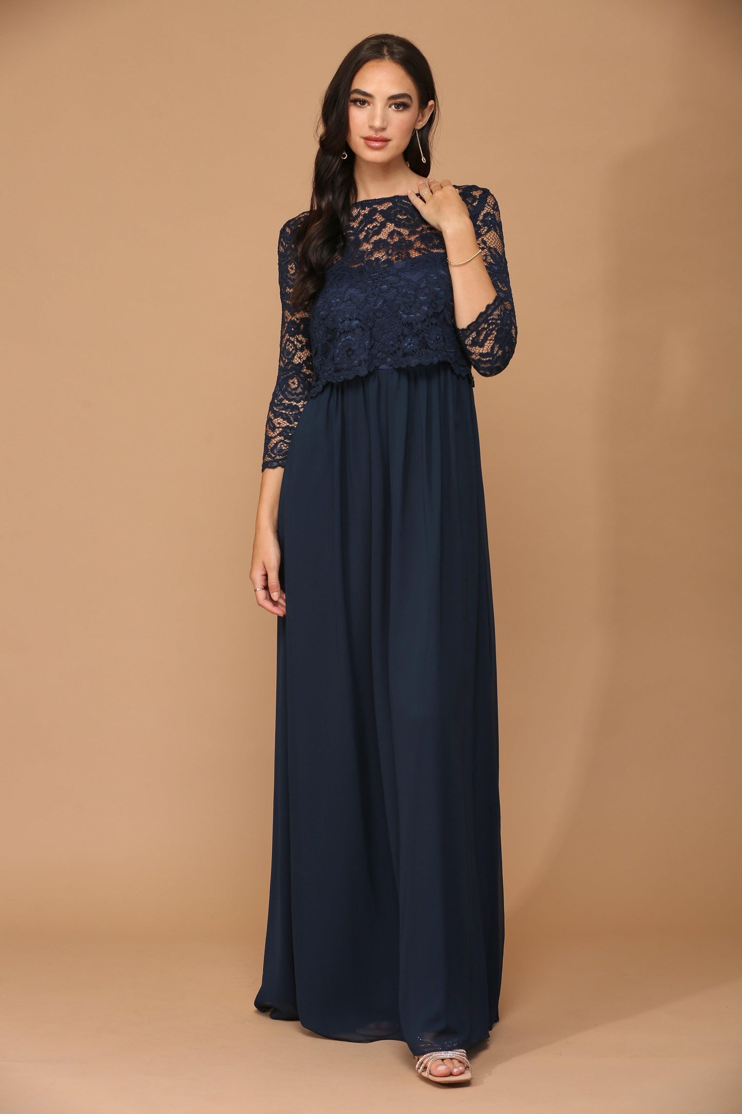 Long 3/4 Sleeve Mother of the Bride Chiffon Dress